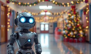 Un robot en una escuela de colegio y con ambiente navideño